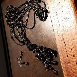 3 Piece Beaded Black 4 Strand Necklace with Matching Drop Pierced Earrin…